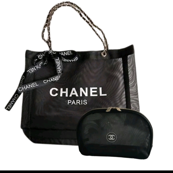 CHANEL Handbags - CHANEL Black Mesh Tote with Cosmetic Pouch